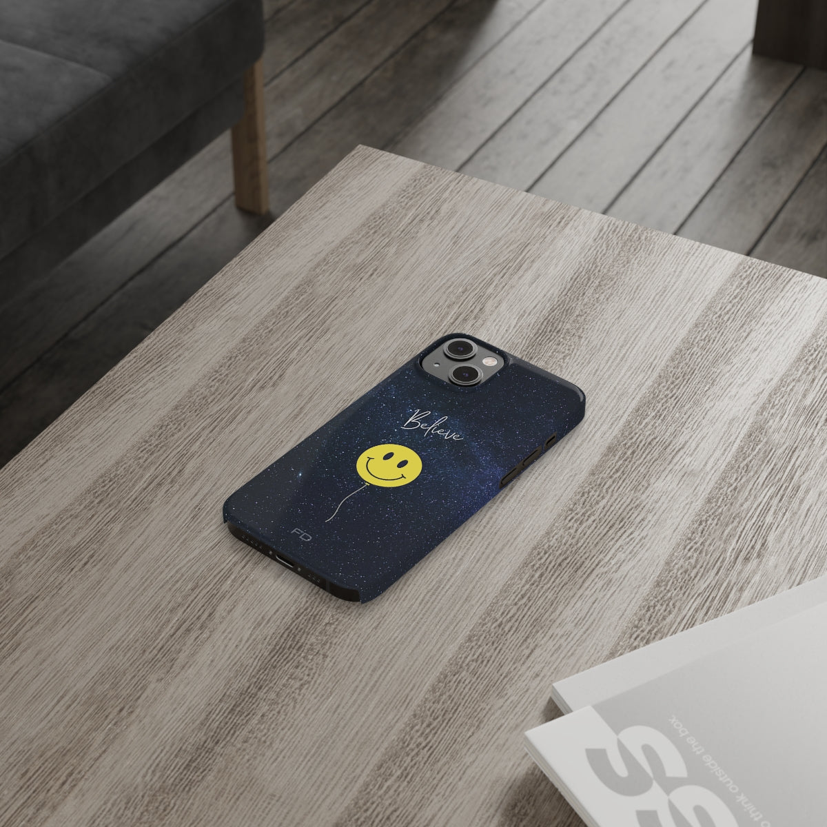 Smiley Face in Space Believe Slim Case for iPhone 14 Series