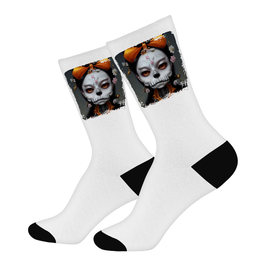 Skull Print Socks - Novelty Skeleton Novelty Socks - Creepy Girl Crew Socks