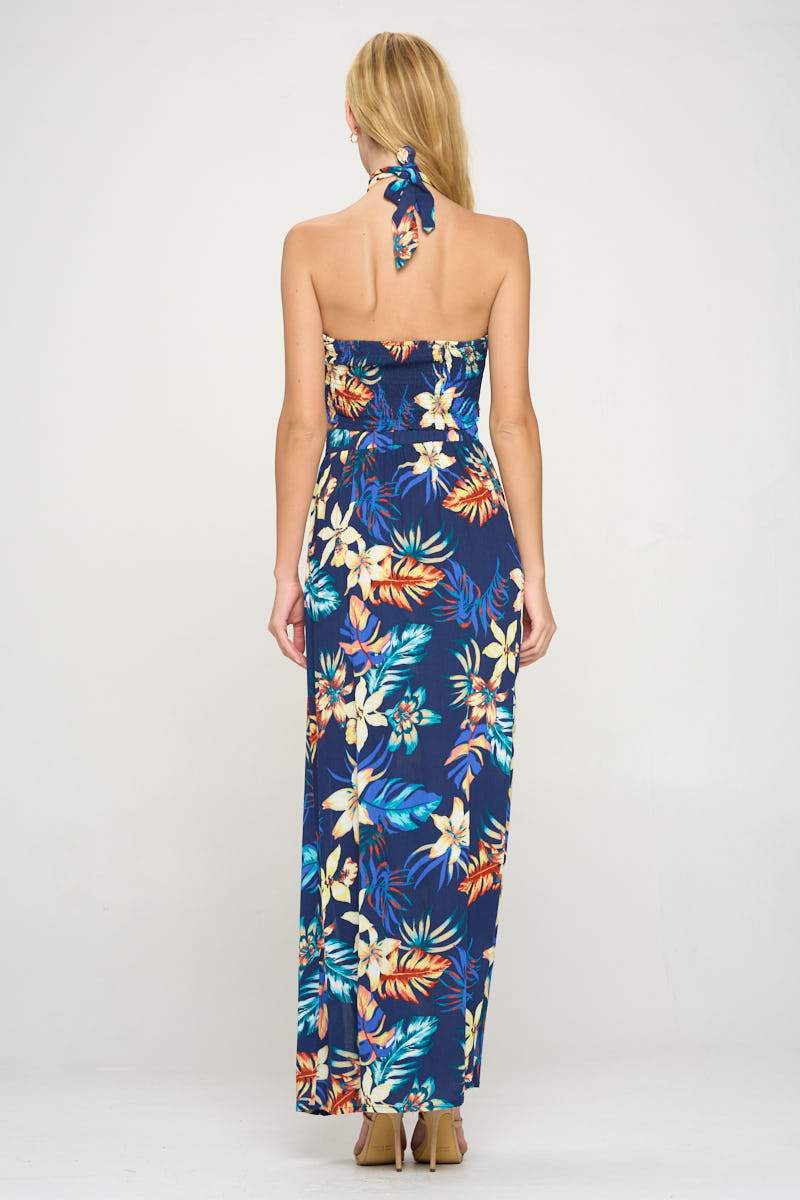 Halter Crop Top and Maxi Skirt Slit Set Tropical Printed