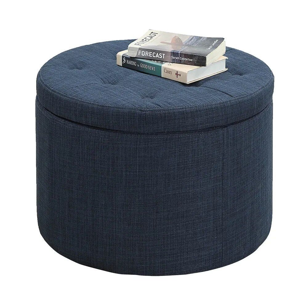 Dark Blue Linen Round Footstool with Shoe Storage