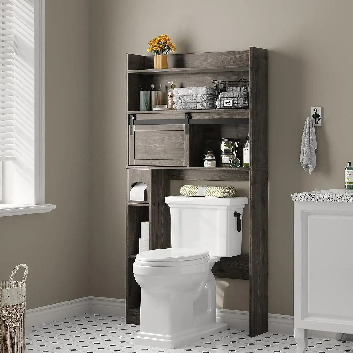 Elegant White 6-Tier Over-The-Toilet Storage Cabinet with Sliding Barn Door