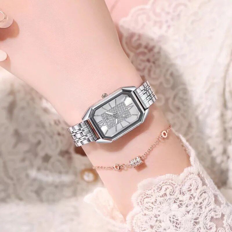 Elegant Stainless Steel Rectangle Quartz Watch for Women