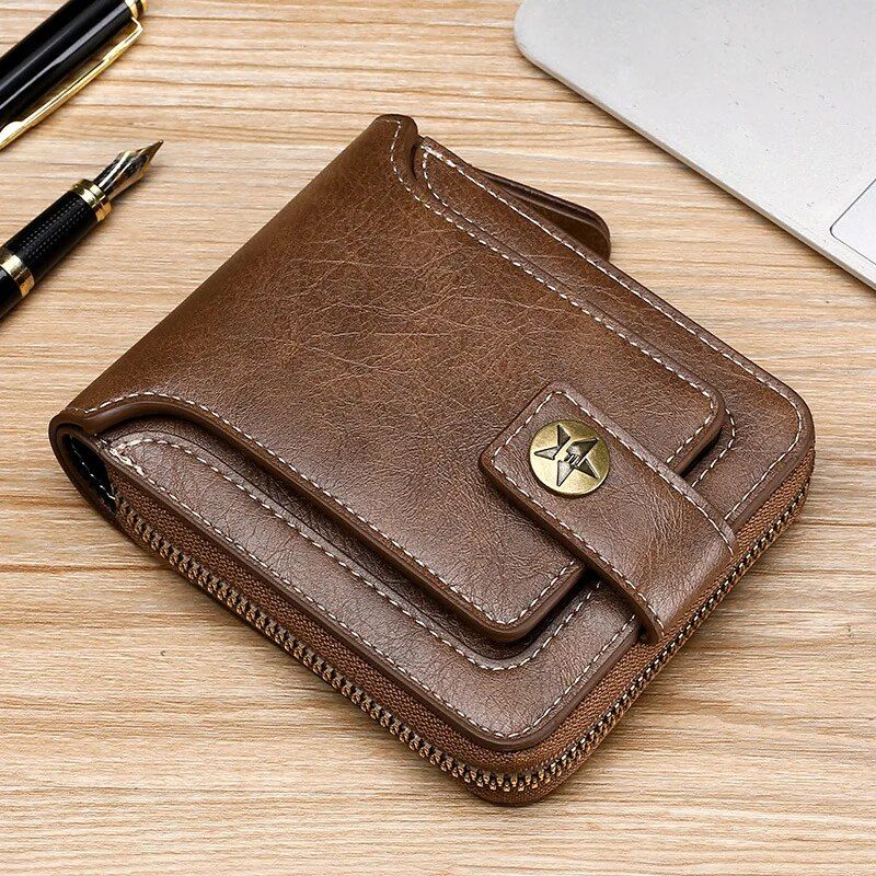 Classic Vintage Men's PU Leather Short Wallet with Zipper & Hasp Closure