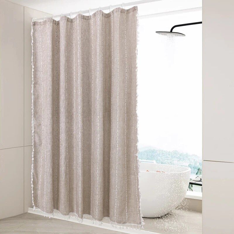 Luxurious Boho-Chic Striped Linen Cotton Shower Curtain with Tassels and Hooks