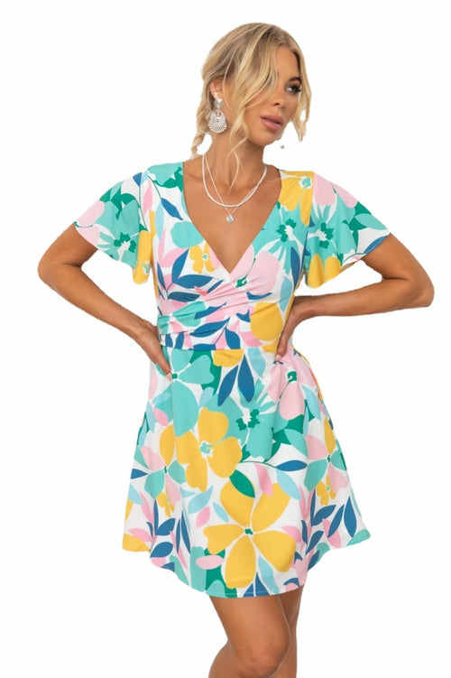 Women's Floral Print Wrap V Neck A Line Dress