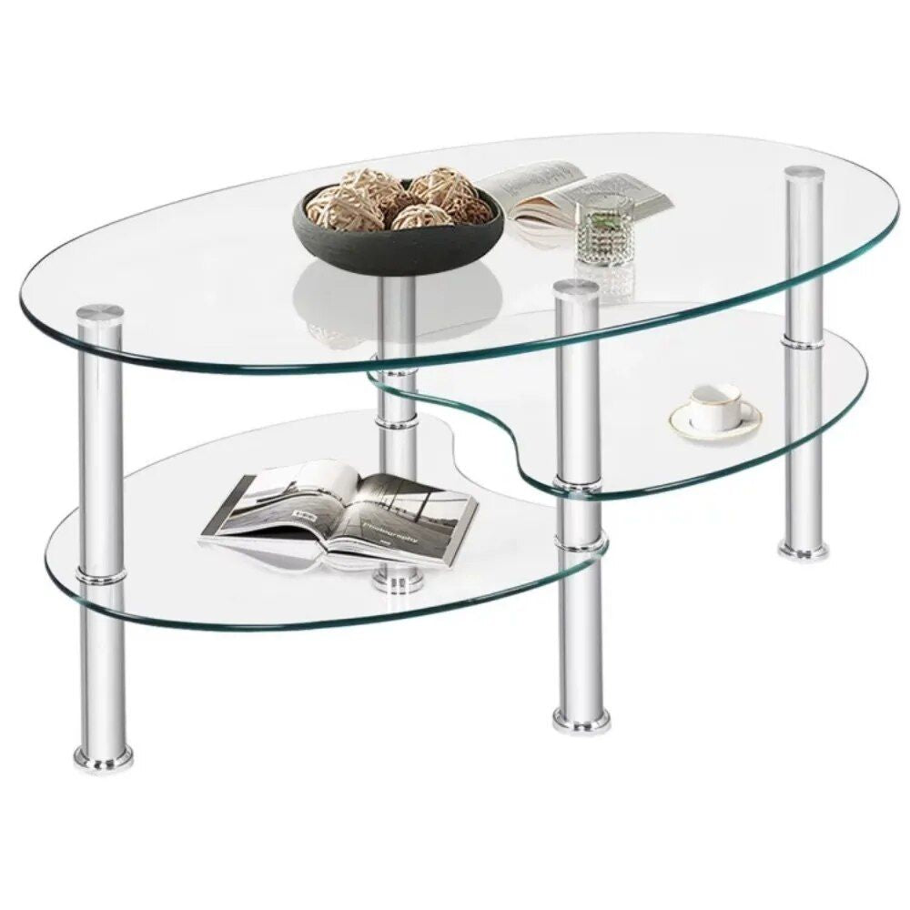 Elegant Oval Glass Coffee Table with Dual Storage Shelves and Metal Legs