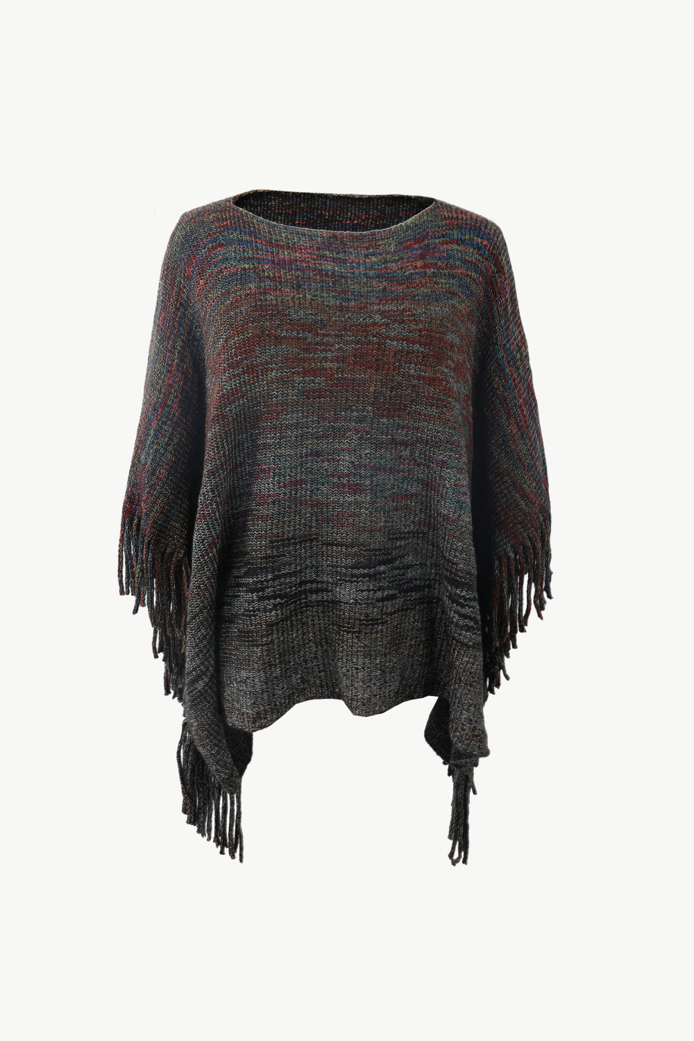 Heathered Boat Neck Fringed Poncho