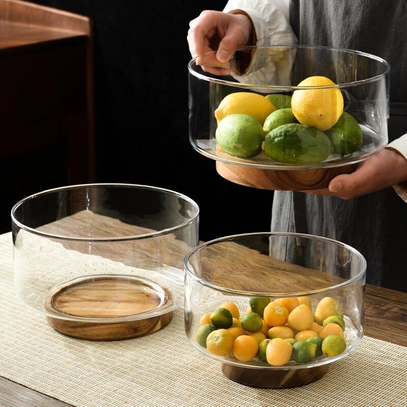 Glass Fruit Bowl with Wood Base - Elegant Tableware for Stylish Serving