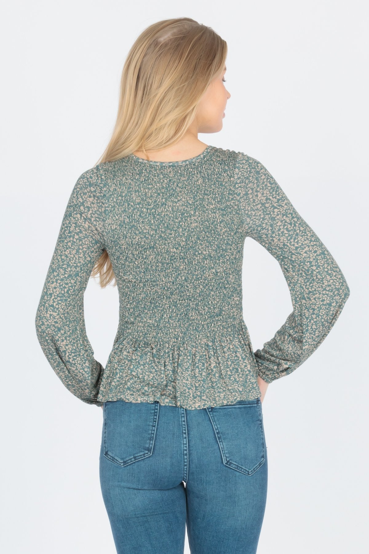 Long sleeve smocking peplum top ditsy floral