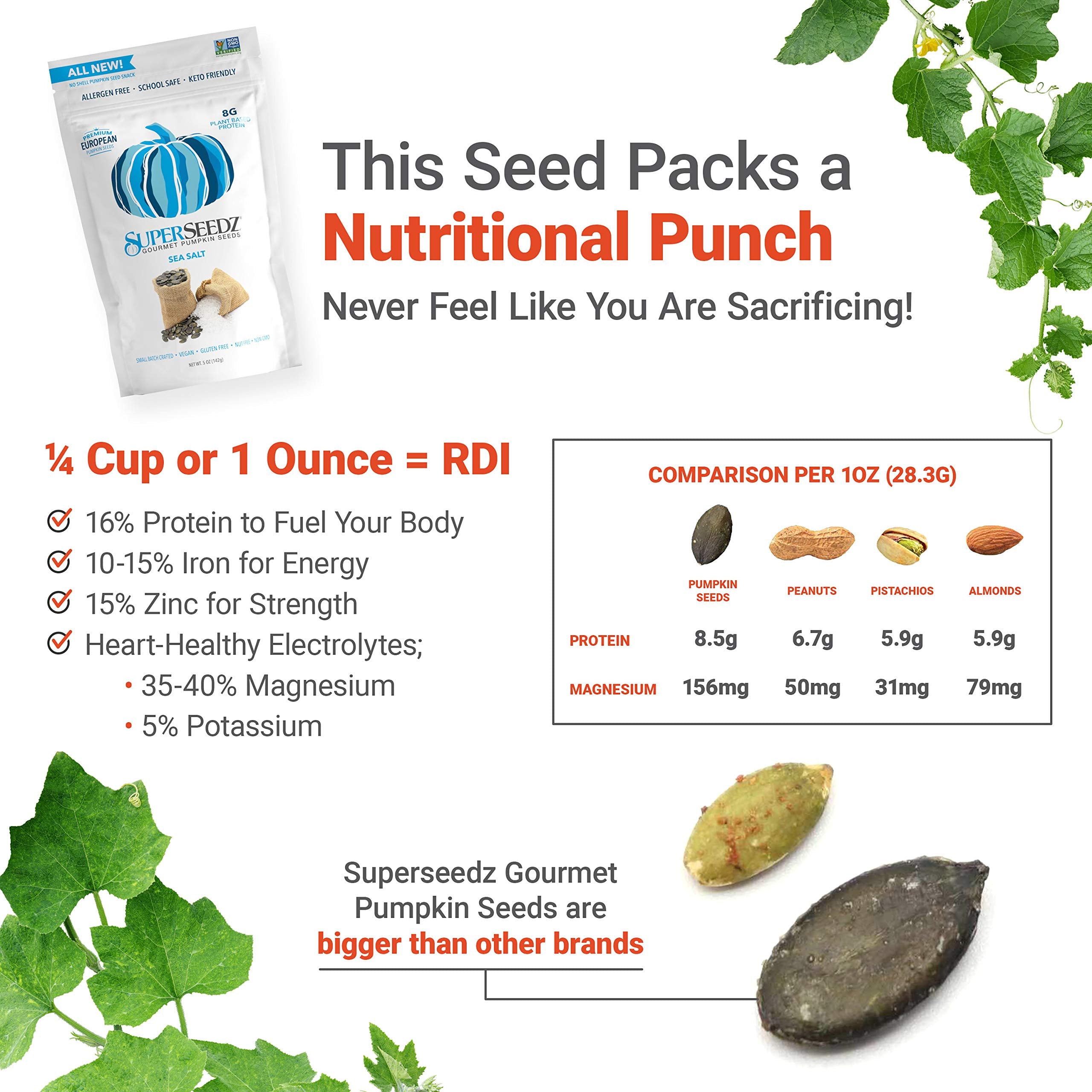 Superseedz Gourmet Roasted Pumpkin Seeds | Sea Salt | Whole 30, Paleo, Vegan & Keto Snacks | 8g Plant Based Protein | Produced In USA | Dairy Free | Nut Free | Gluten Free Snack | (6-pack, 5oz each)