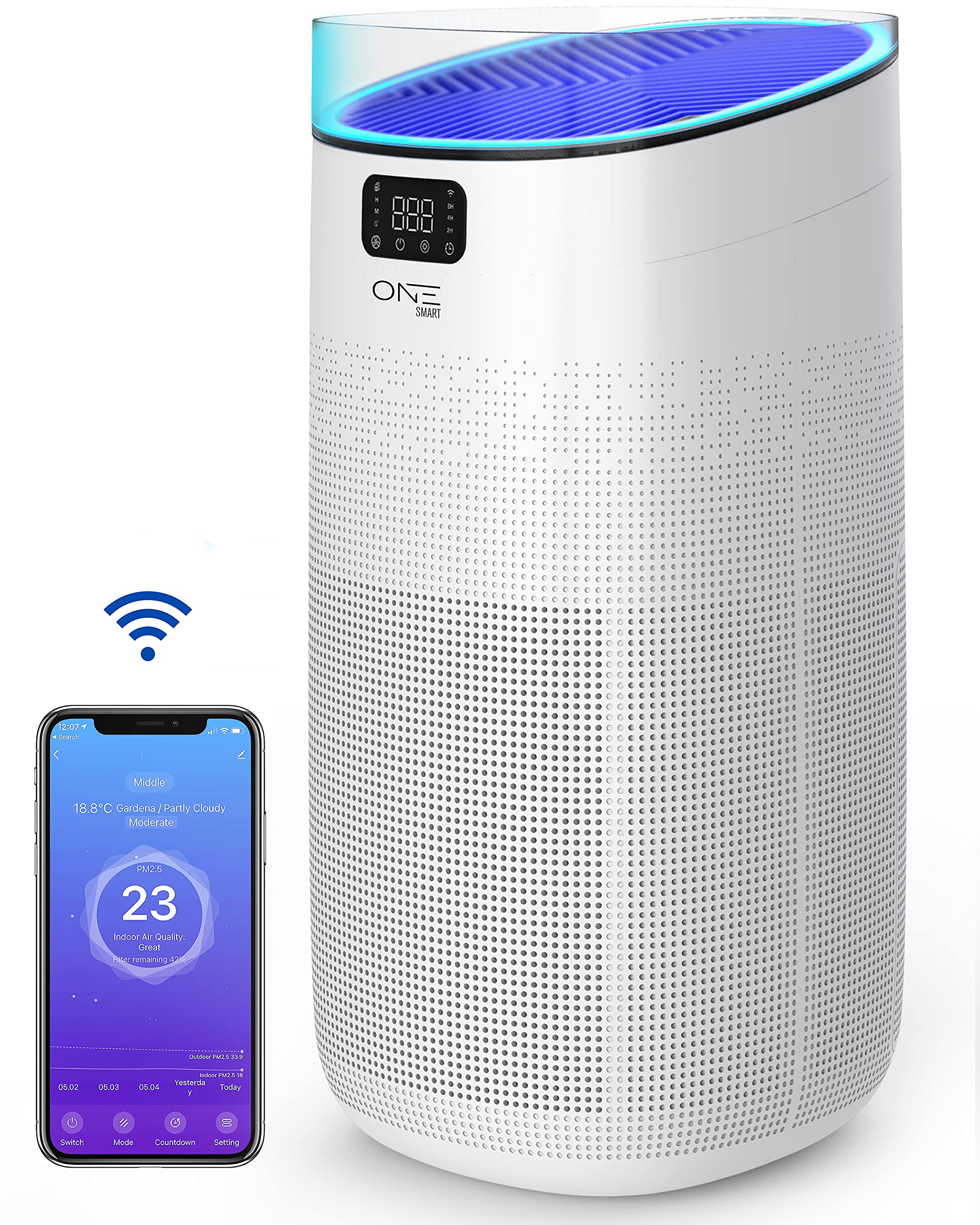 ONE Products Smart Hepa Air Purifier, UV Light Sanitizer, Covers Small to Large Room, Kills 99.99% Germs, Bacteria, Allergies, Pollen, Smoke, Dust, Pet Dander, Work with Alexa, Google, Athena(OSAP02)