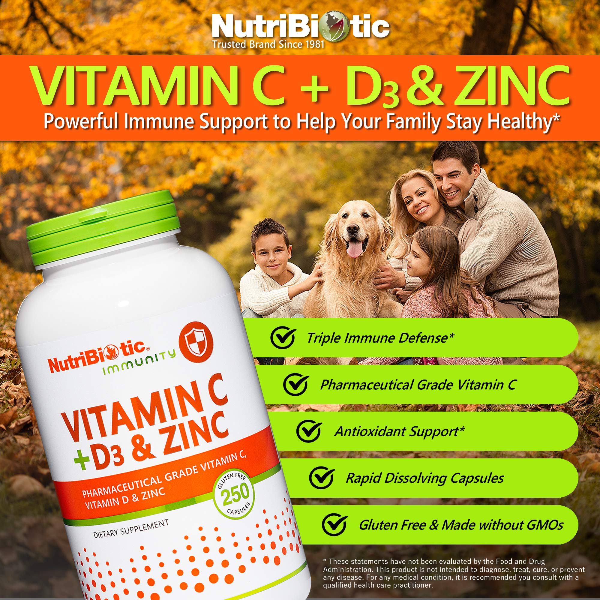 NutriBiotic – Vitamin C + Vitamin D3 & Zinc, 250 Capsules | Potent, Comprehensive Immune Support | Essential & Antioxidant Daily Supplement | Gluten & GMO Free