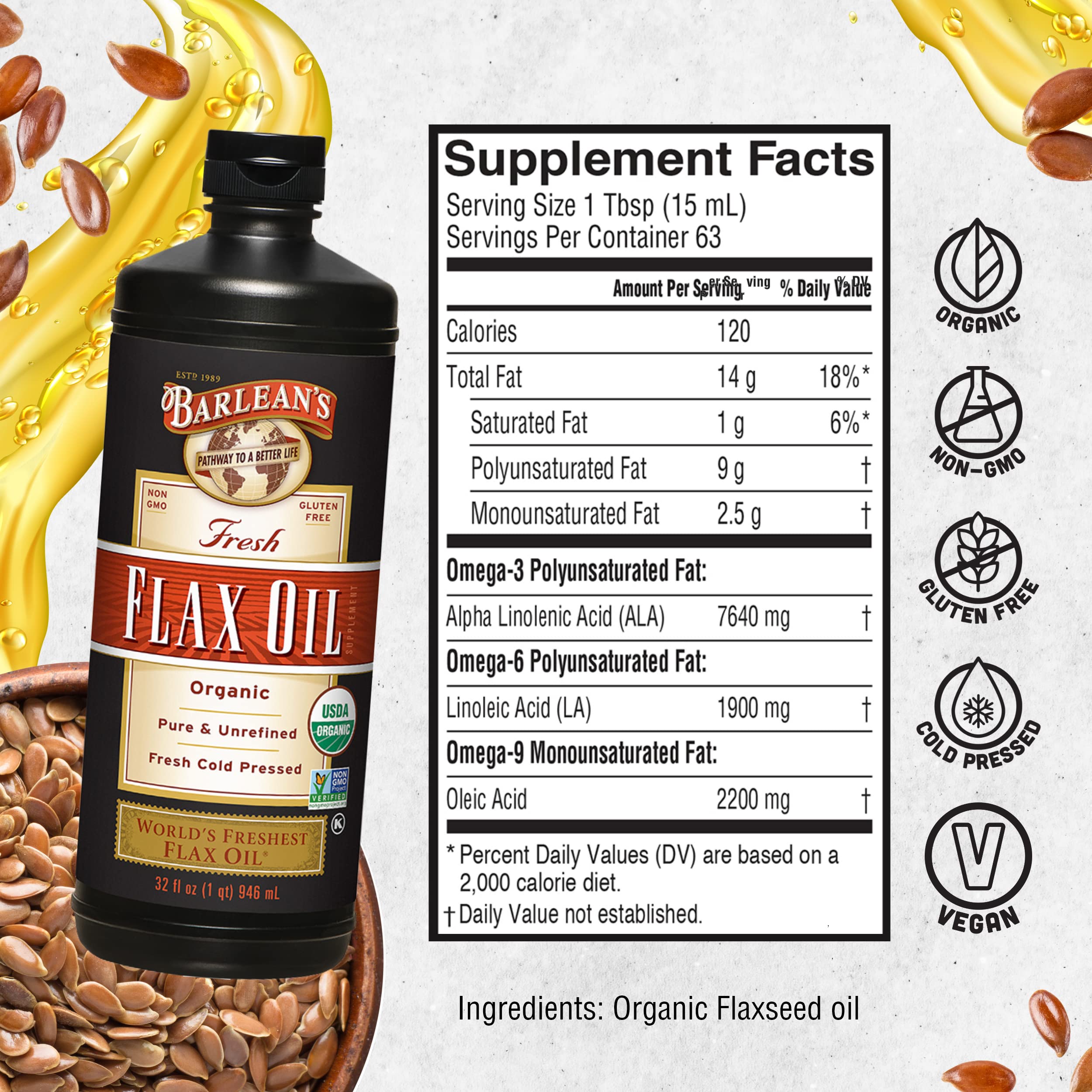 Barlean's Organic Flaxseed Oil Liquid, Cold Press Flax Seeds, 7,640mg ALA Omega 3 Fatty Acid Supplement for Joint and Heart Health & Healthy Digestion, 32 oz