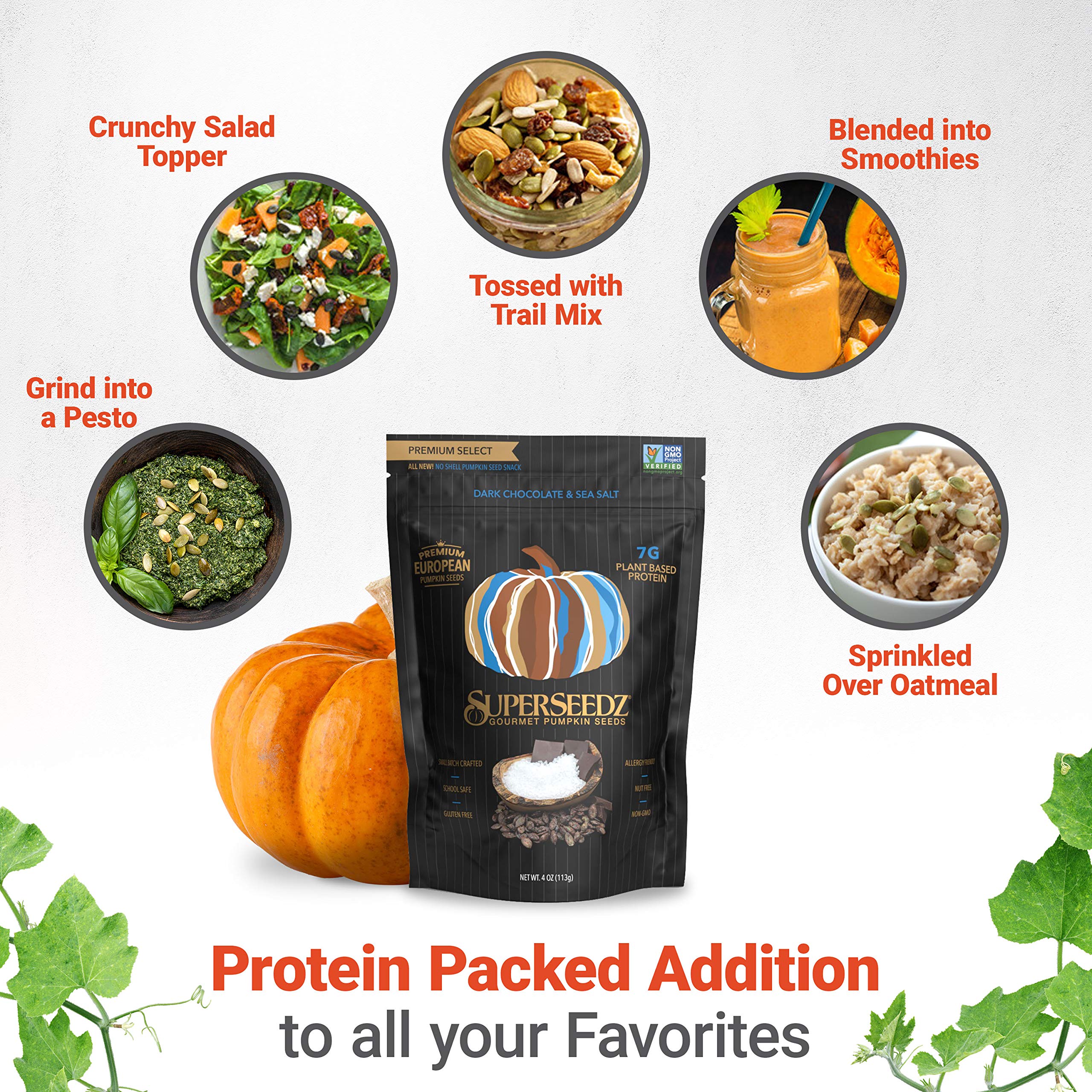 DARK CHOCOLATE & SEA SALT PUMPKIN SEEDS | PREMIUM SELECT LINE BY SUPERSEEDZ | WHOLE 30 | VEGAN | KETO | 7G PLANT BASED PROTEIN | PRODUCED IN USA | NUT FREE | GLUTEN FREE SNACK | (6-PACK, 4OZ EACH)