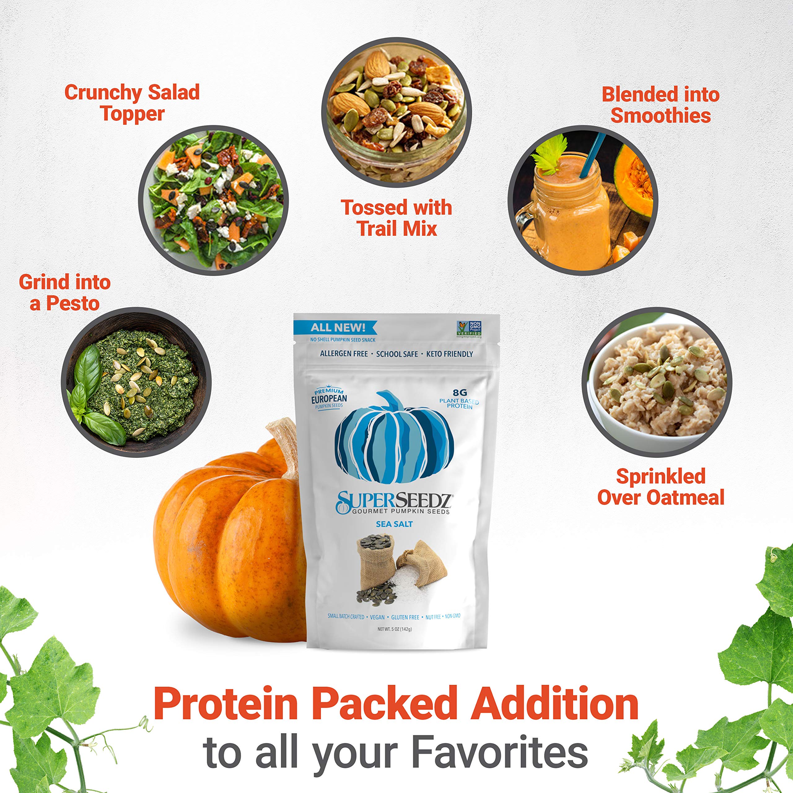 Superseedz Gourmet Roasted Pumpkin Seeds | Sea Salt | Whole 30, Paleo, Vegan & Keto Snacks | 8g Plant Based Protein | Produced In USA | Dairy Free | Nut Free | Gluten Free Snack | (6-pack, 5oz each)