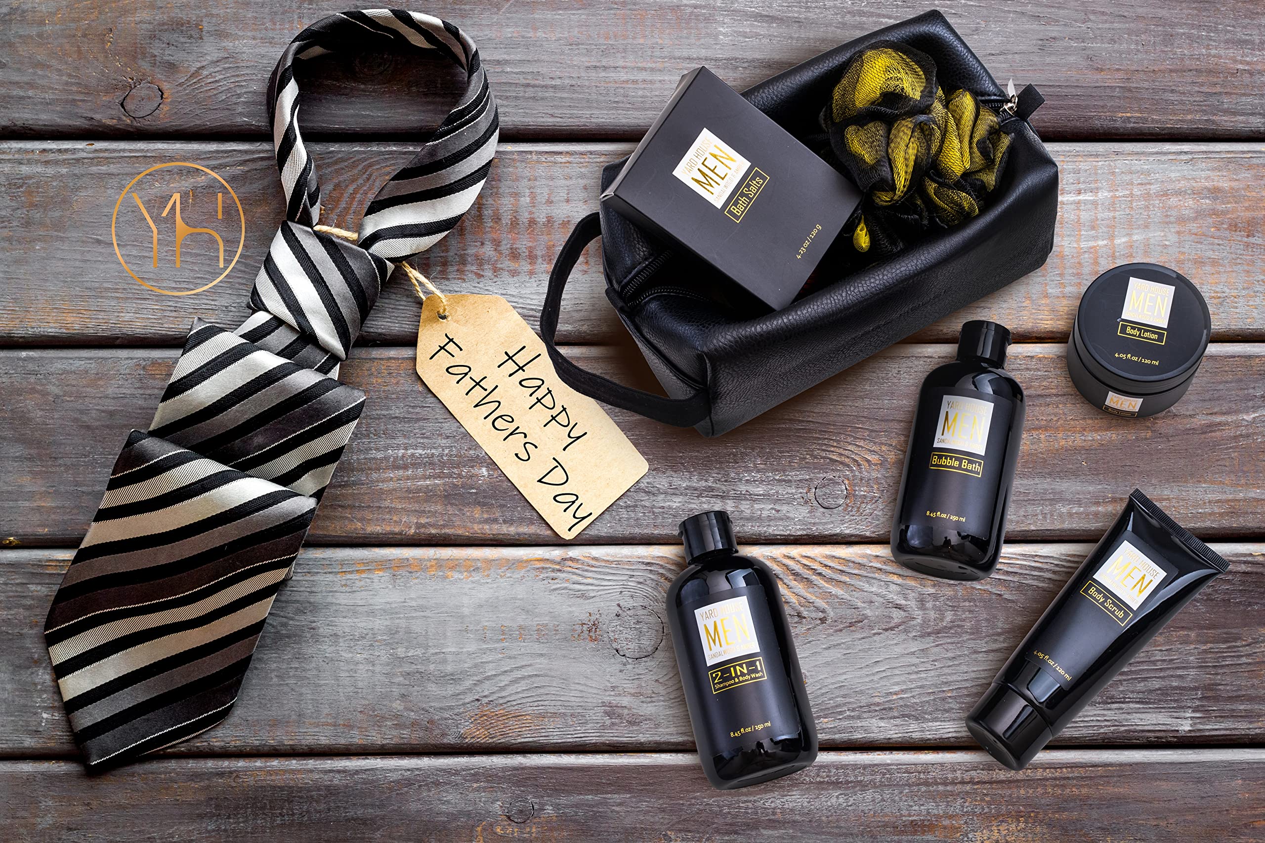 YARD HOUSE Bath and Body Spa Gift Baskets Set for Men - Sandalwood Amber - 7Pc Spa Kit w. Full Size Items in Leather Toiletry Bag - Happy Fathers Day Gifts For Husband, Dad From Wife, Daughter, Son