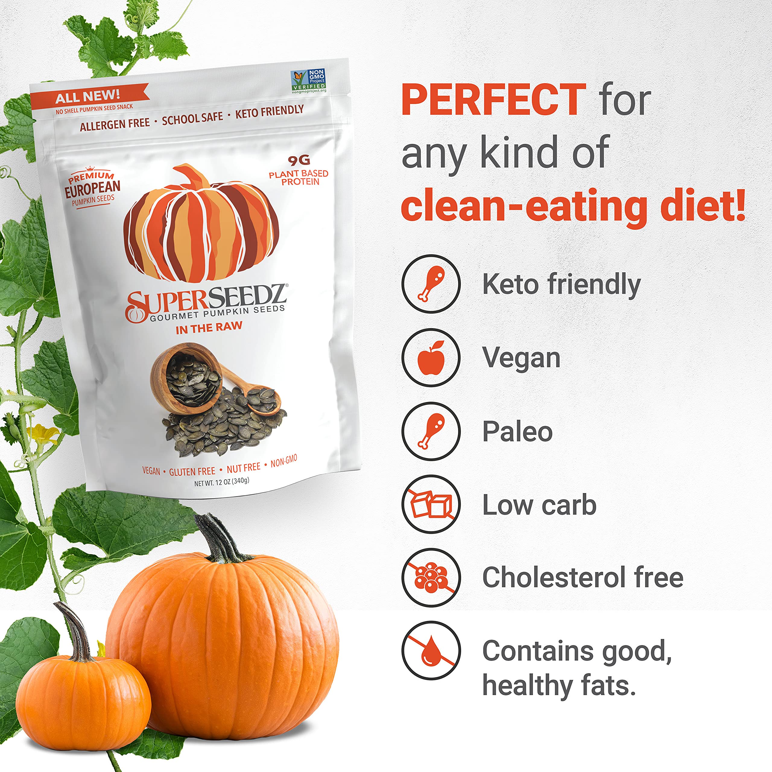 Superseedz Raw Pumpkin Seeds (Pepitas) No Shell | Whole 30, Paleo, Vegan & Keto Friendly | 9g Plant Based Protein | Produced In USA | Nut Free | Fresh Gluten Free Snack | (12 oz Bag)