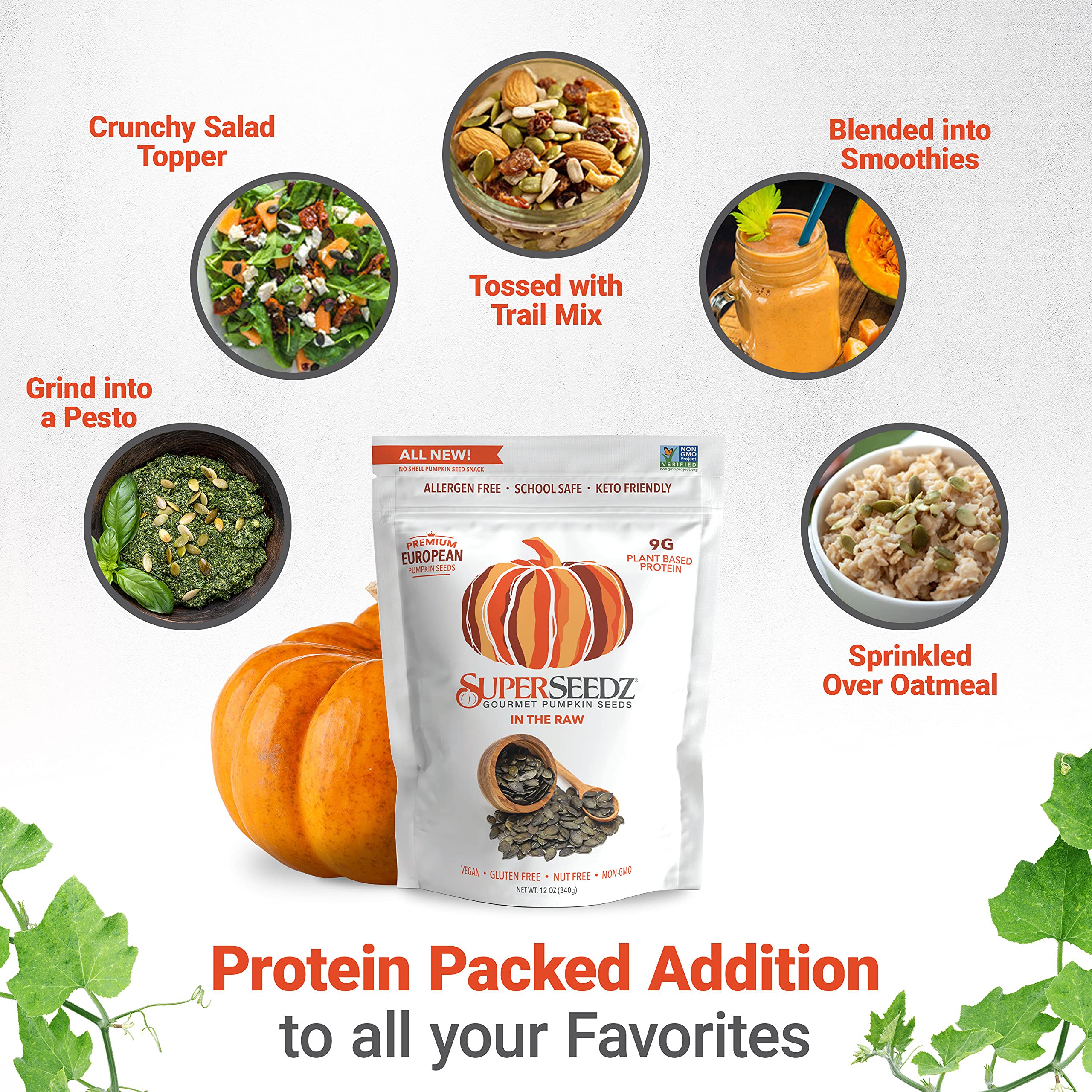 Superseedz Raw Pumpkin Seeds (Pepitas) No Shell | Whole 30, Paleo, Vegan & Keto Friendly | 9g Plant Based Protein | Produced In USA | Nut Free | Fresh Gluten Free Snack | (12 oz Bag)