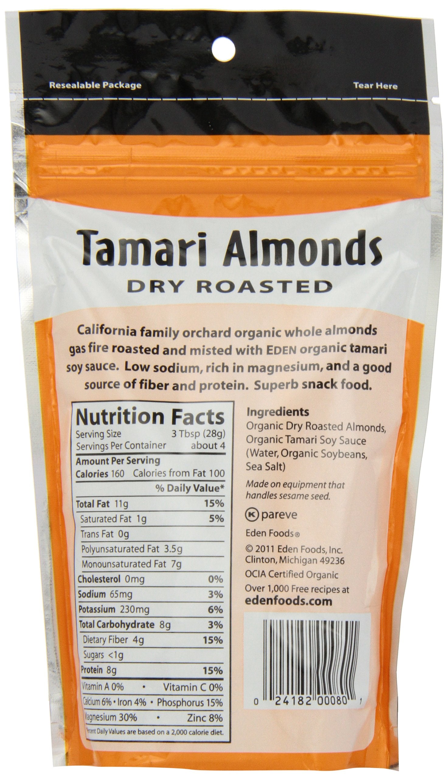 Eden Organic Tamari Almonds, Dry Roasted, 4-Ounce Package (Pack of 3)