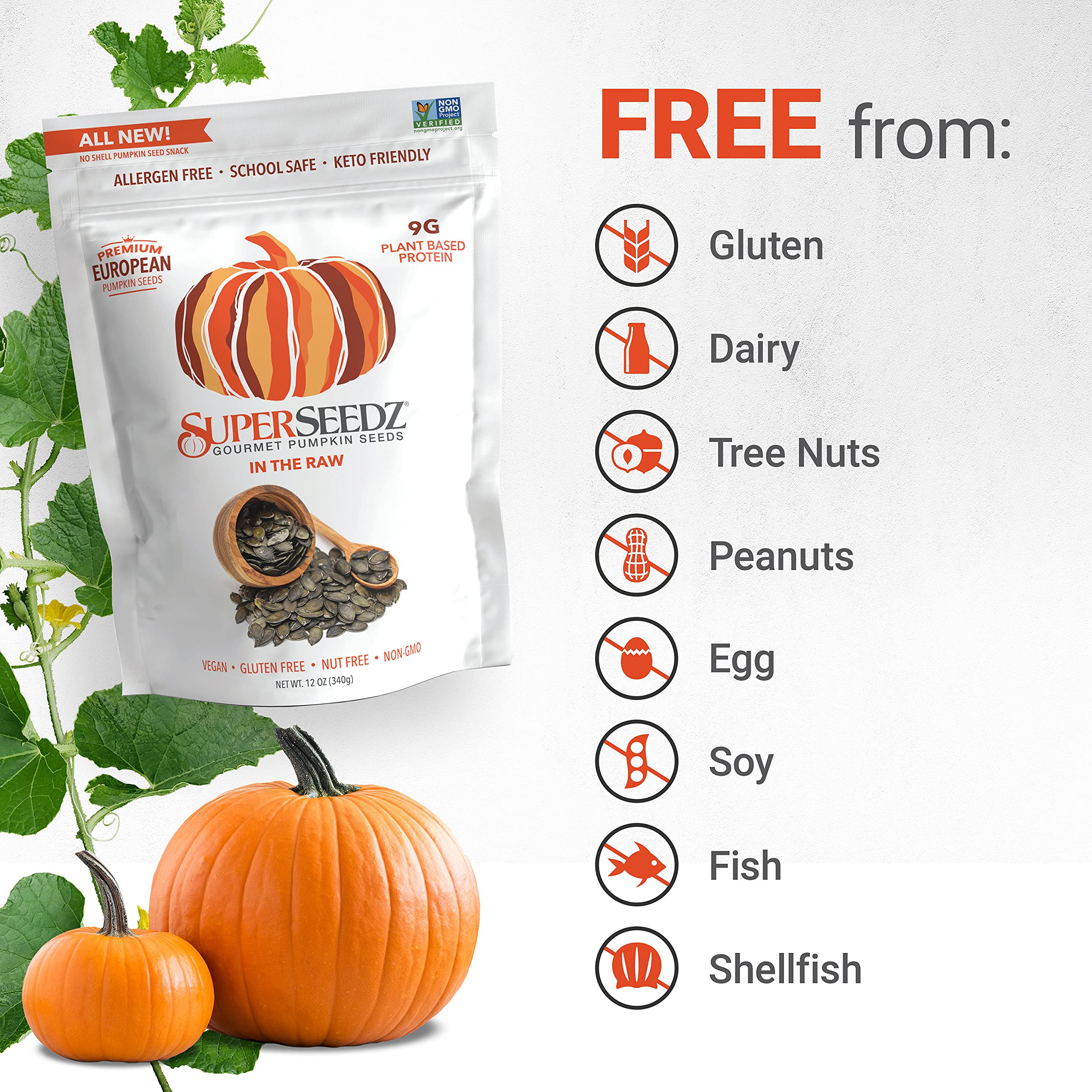 Superseedz Raw Pumpkin Seeds (Pepitas) No Shell | Whole 30, Paleo, Vegan & Keto Friendly | 9g Plant Based Protein | Produced In USA | Nut Free | Fresh Gluten Free Snack | (12 oz Bag)