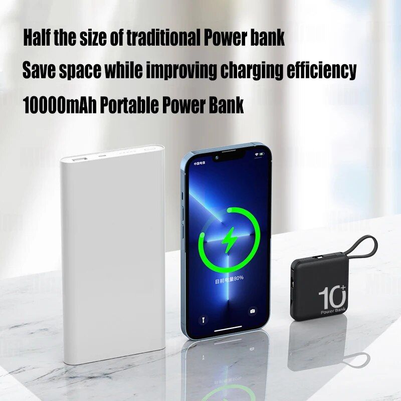 Ultra-Compact 10000mAh Dual-Cable Power Bank