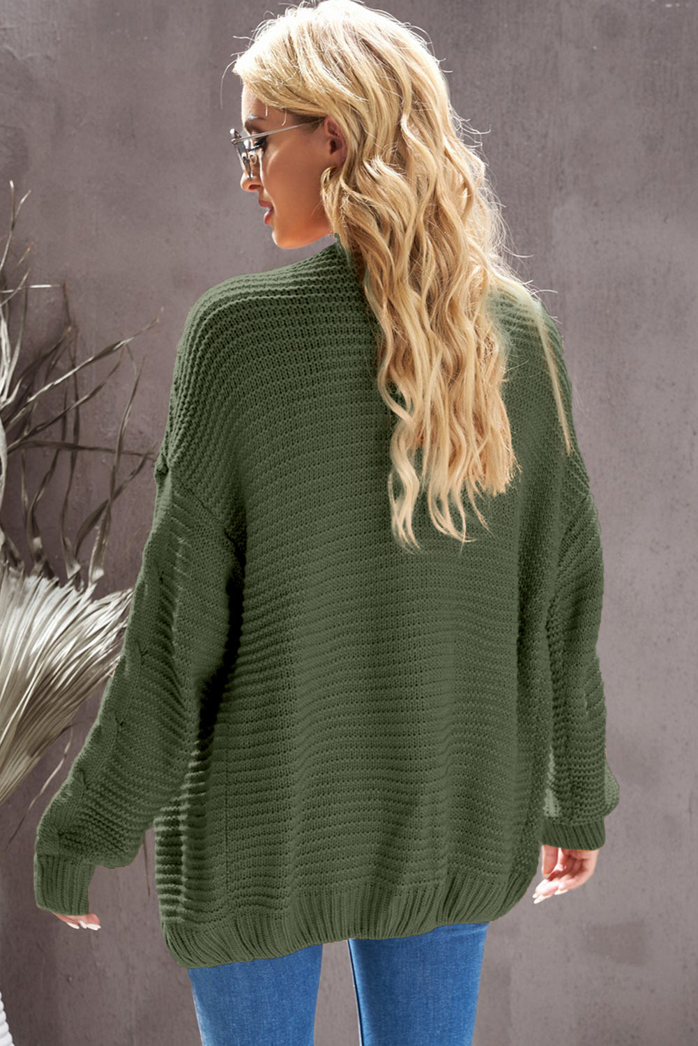 Dropped Shoulder Cable-Knit Open Front Cardigan