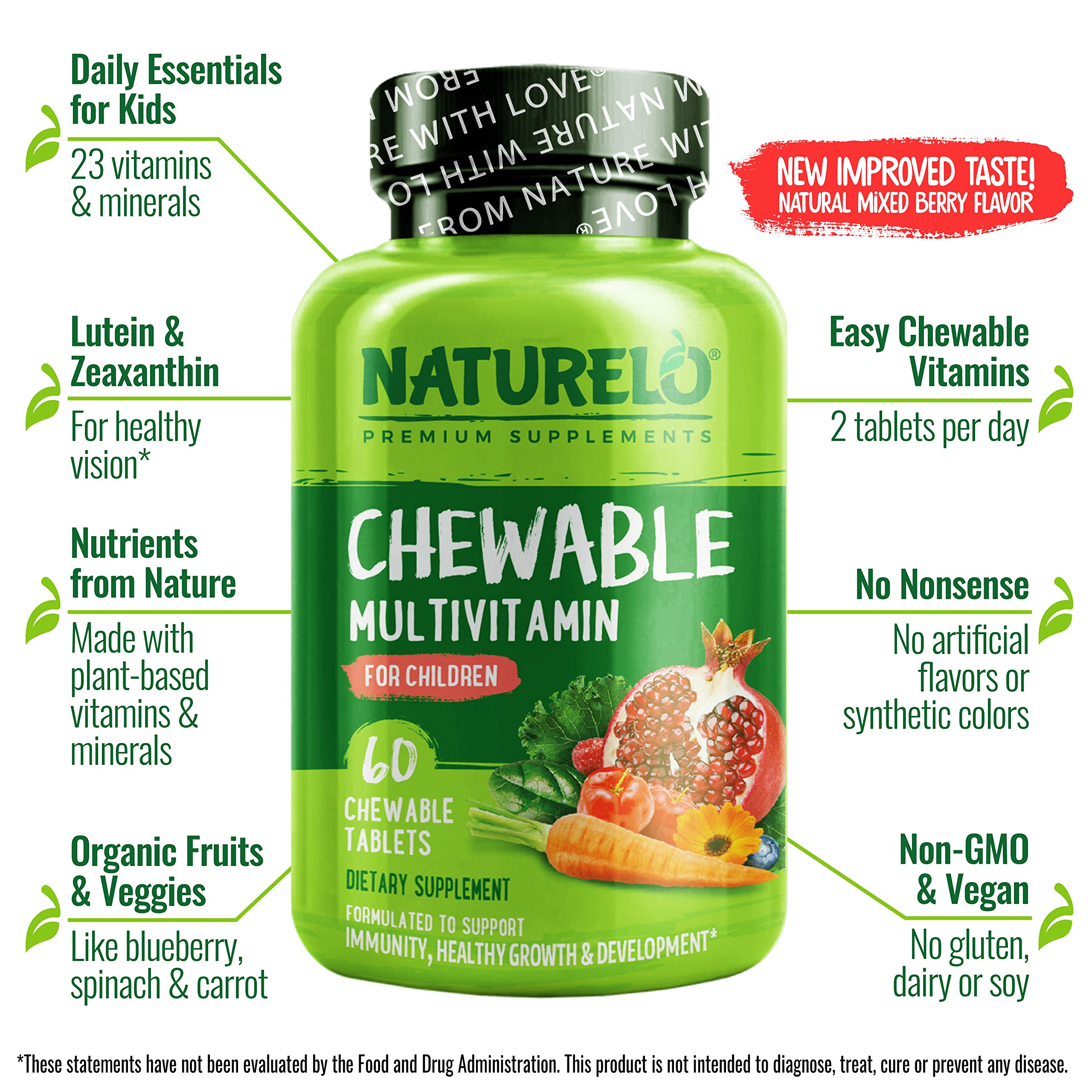 NATURELO Chewable Vitamin for Kids – Multivitamin with Whole Food Organic Fruit Blend - 60 Tablets for Children