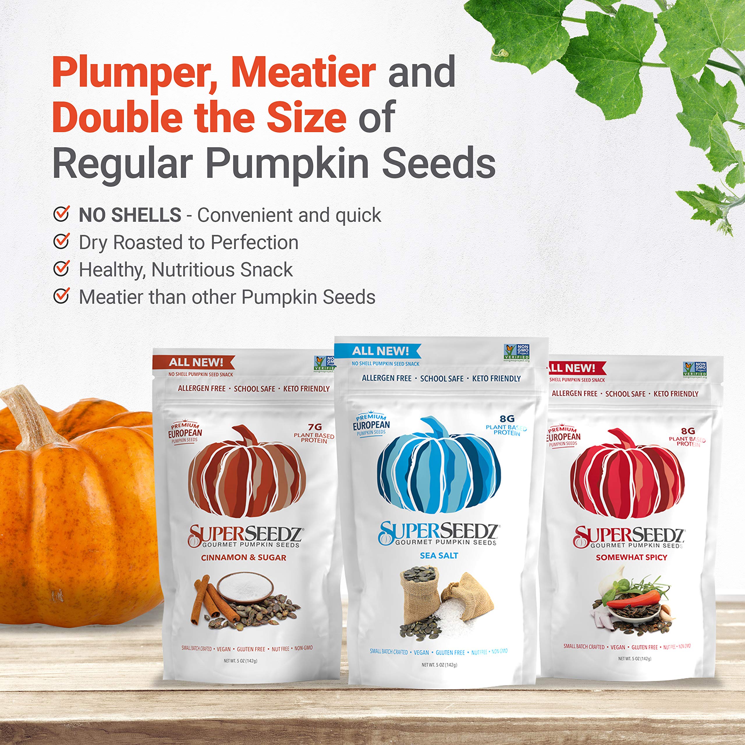 Superseedz Gourmet Roasted Pumpkin Seeds | Sea Salt | Whole 30, Paleo, Vegan & Keto Snacks | 8g Plant Based Protein | Produced In USA | Dairy Free | Nut Free | Gluten Free Snack | (6-pack, 5oz each)