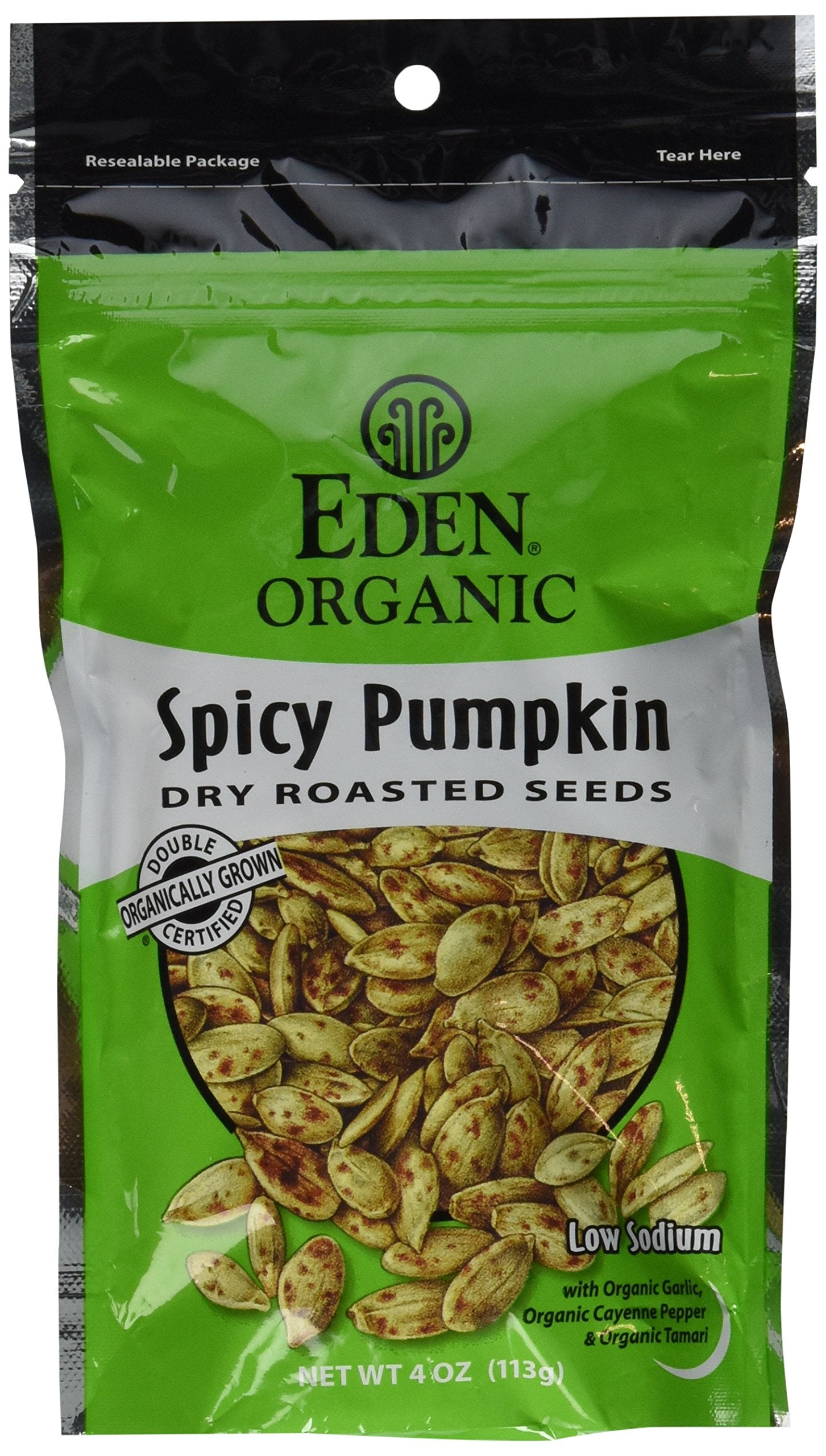 Eden Organic Dry Roasted Seeds, Spicy Pumpkin, 4-Ounce Resealable Bags (Pack of 15)