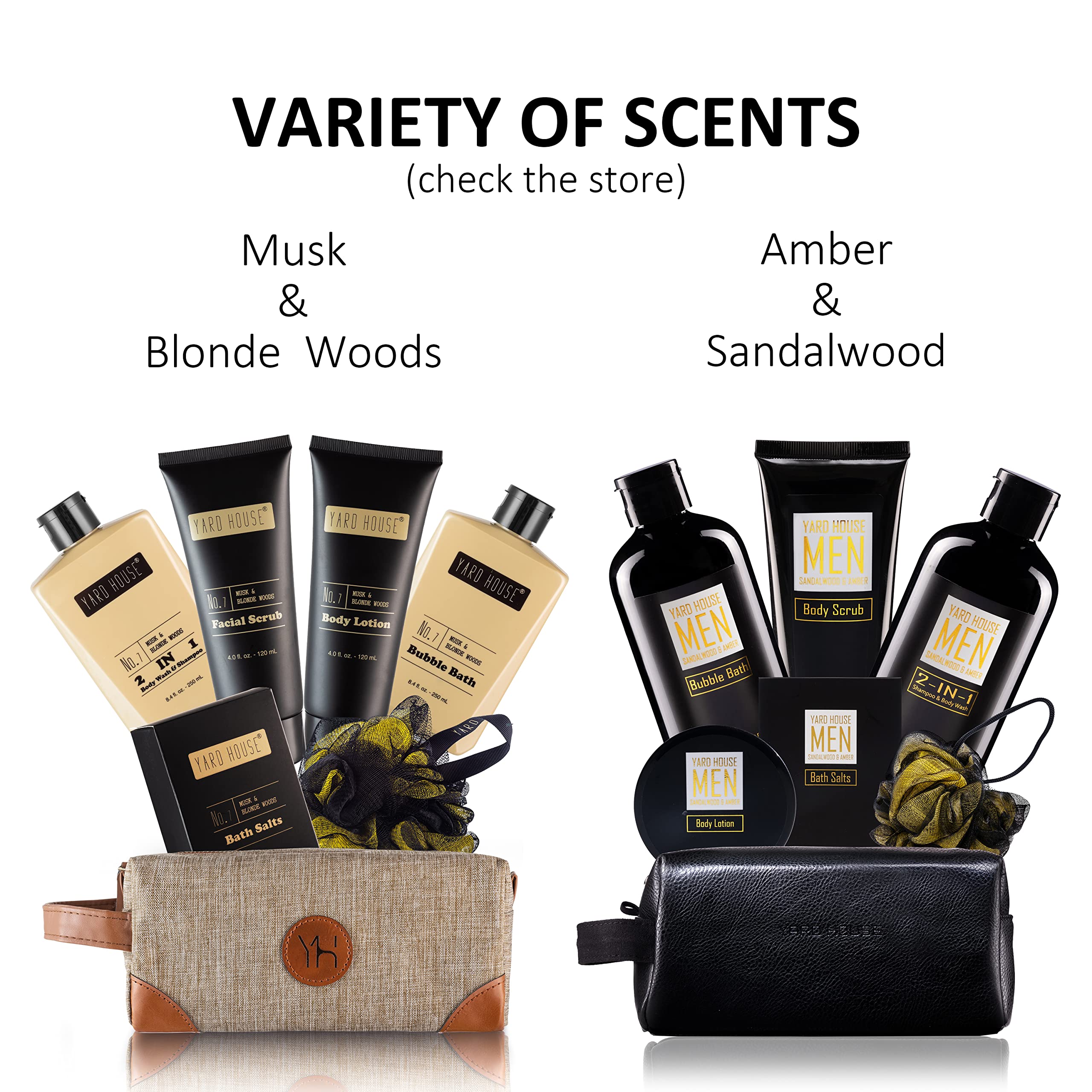 YARD HOUSE Bath and Body Spa Gift Baskets Set for Men - Sandalwood Amber - 7Pc Spa Kit w. Full Size Items in Leather Toiletry Bag - Happy Fathers Day Gifts For Husband, Dad From Wife, Daughter, Son