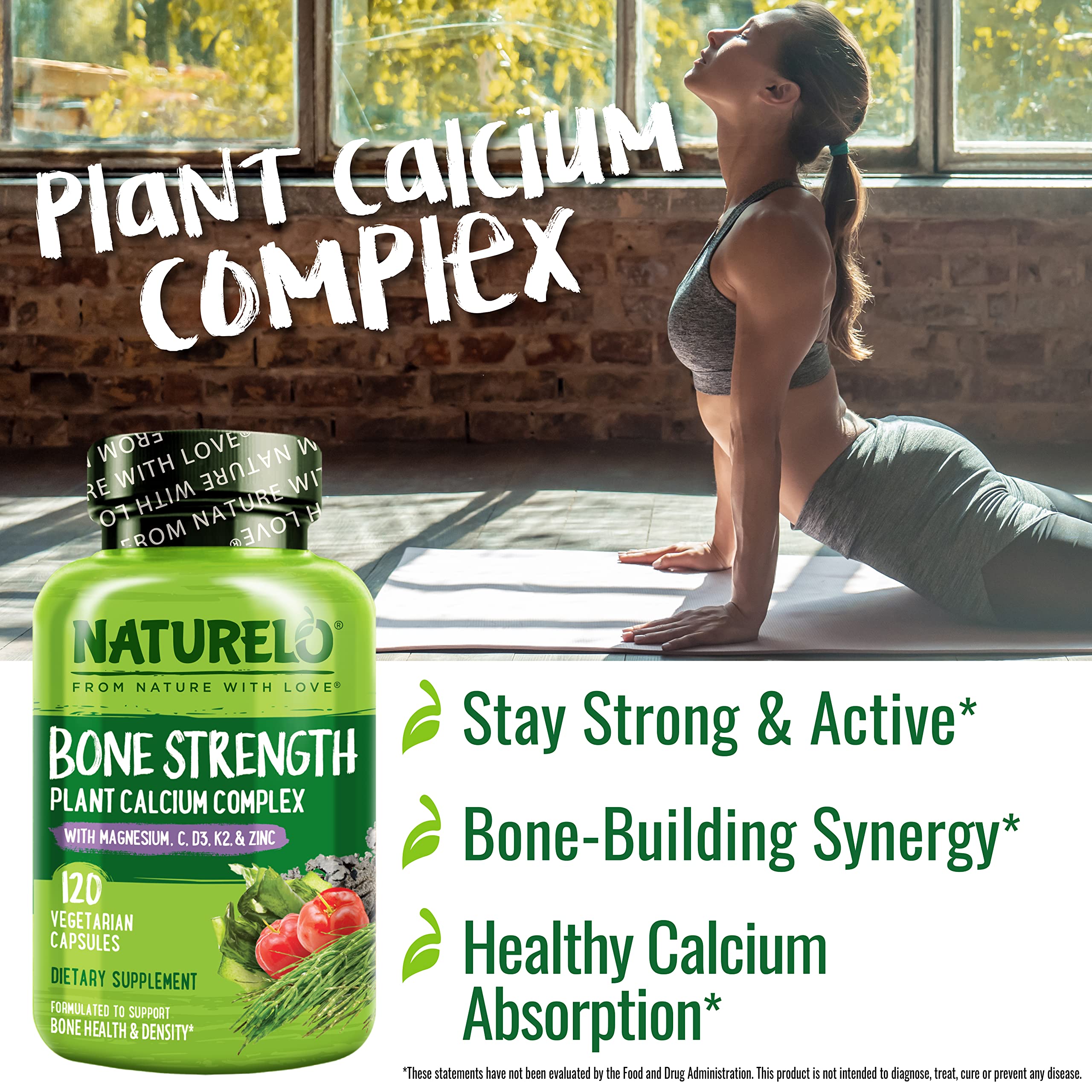 NATURELO Bone Strength - Plant-Based Calcium, Magnesium, Potassium, Vitamin D3, VIT C, K2 - GMO, Soy, Gluten Free Ingredients - Whole Food Supplement for Bone Health - 240 Vegetarian Capsules