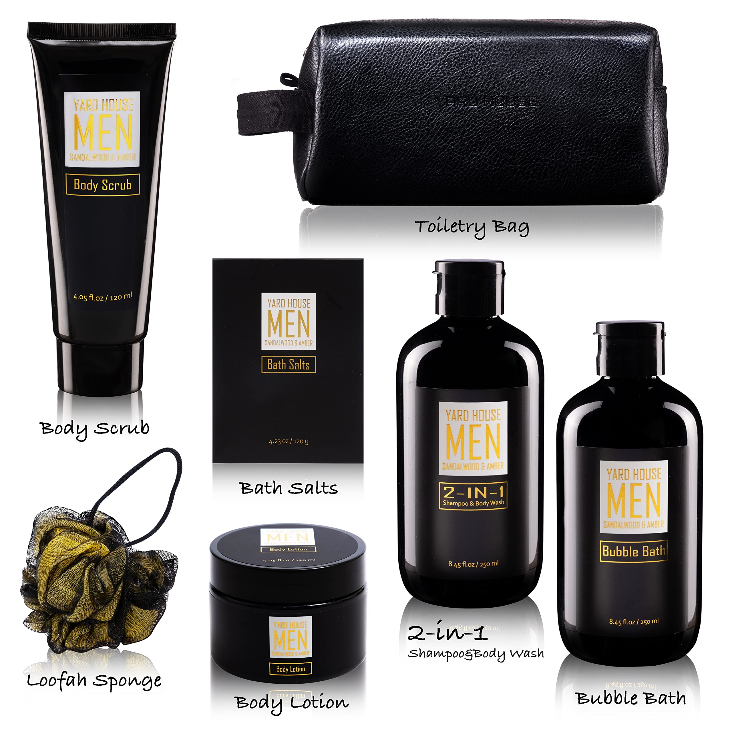 YARD HOUSE Bath and Body Spa Gift Baskets Set for Men - Sandalwood Amber - 7Pc Spa Kit w. Full Size Items in Leather Toiletry Bag - Happy Fathers Day Gifts For Husband, Dad From Wife, Daughter, Son