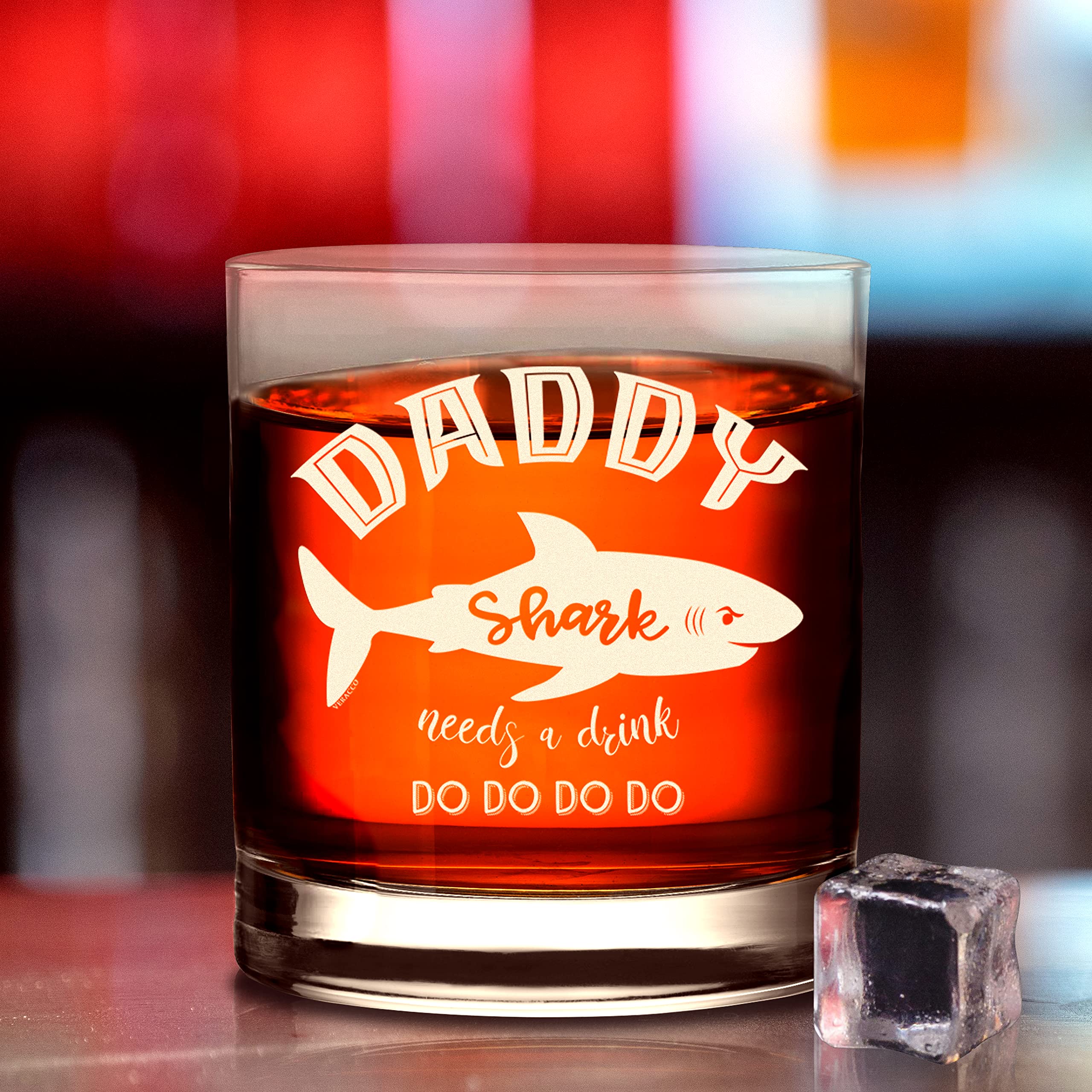 Veracco Daddy Shark Needs a Drink Whiskey Glass Funny BirthdayGifts Fathers Day For Dad (Clear, Glass)