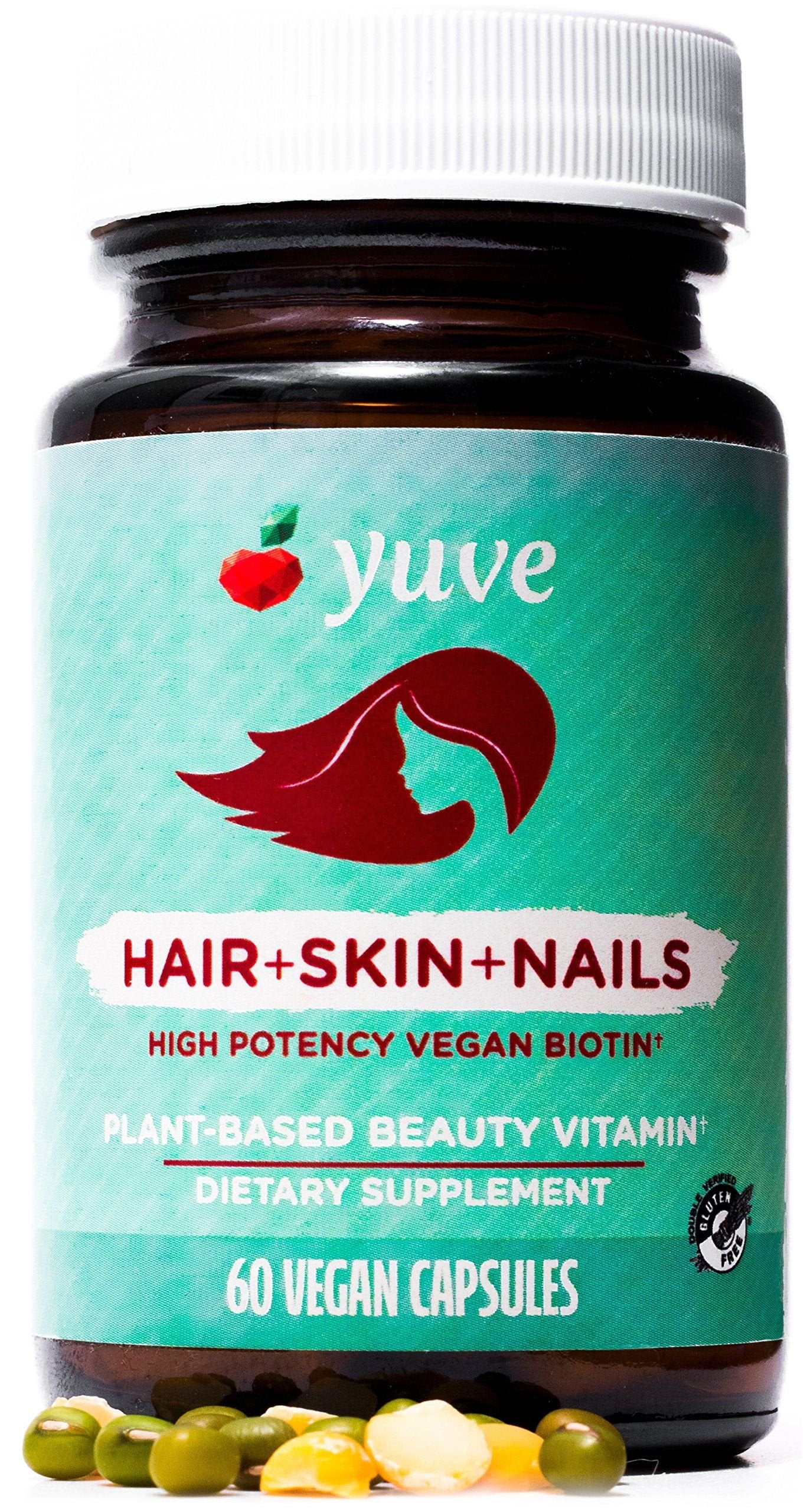 Yuve Natural Biotin 5000 mcg Vitamin - Longer, Stronger, Healthier Hair - Glowing Skin and Strong Nails Growth - Vegan, Non-GMO, Gluten-Free - High Potency Vitamin B7 Supplement - 60 Veggie Caps