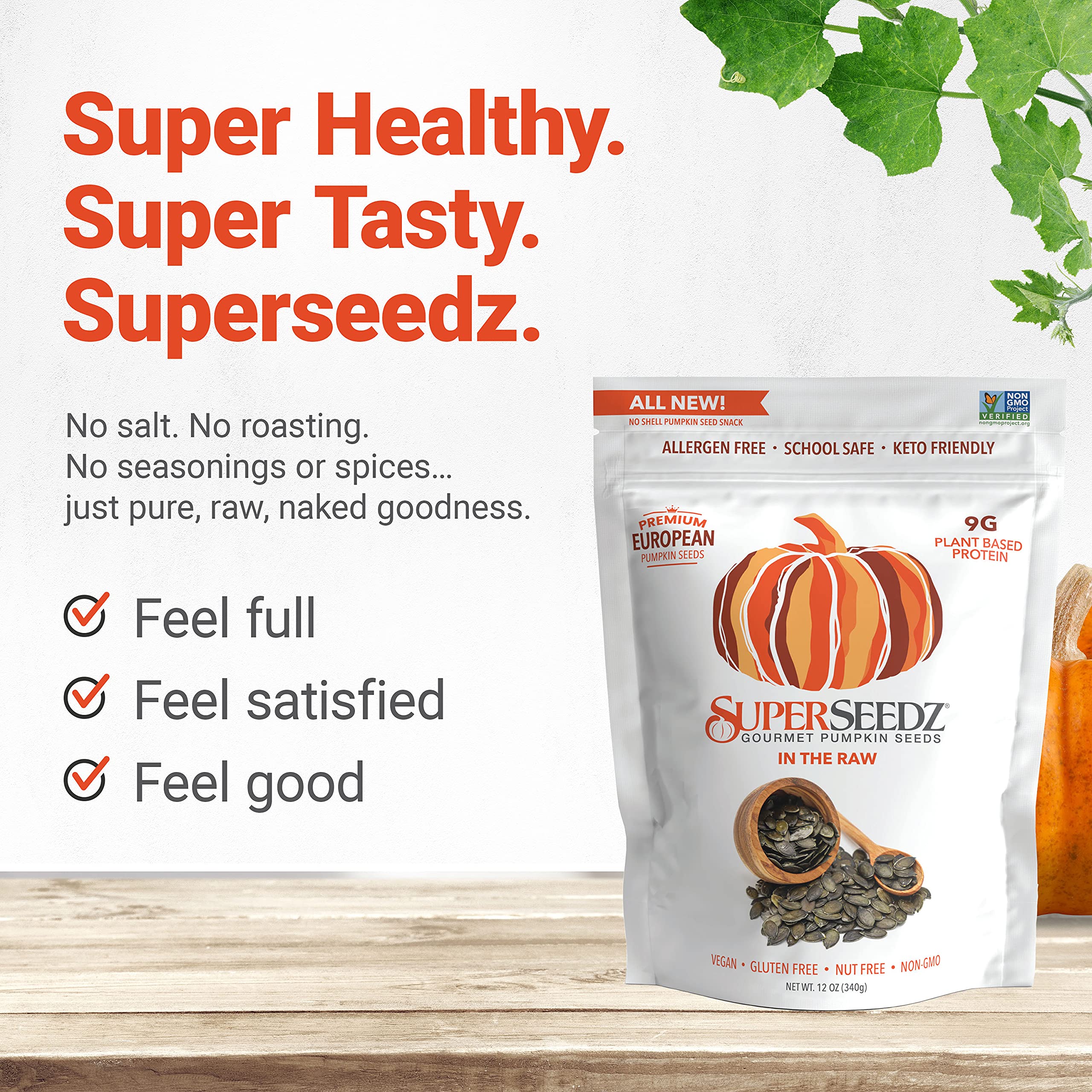 Superseedz Raw Pumpkin Seeds (Pepitas) No Shell | Whole 30, Paleo, Vegan & Keto Friendly | 9g Plant Based Protein | Produced In USA | Nut Free | Fresh Gluten Free Snack | (12 oz Bag)