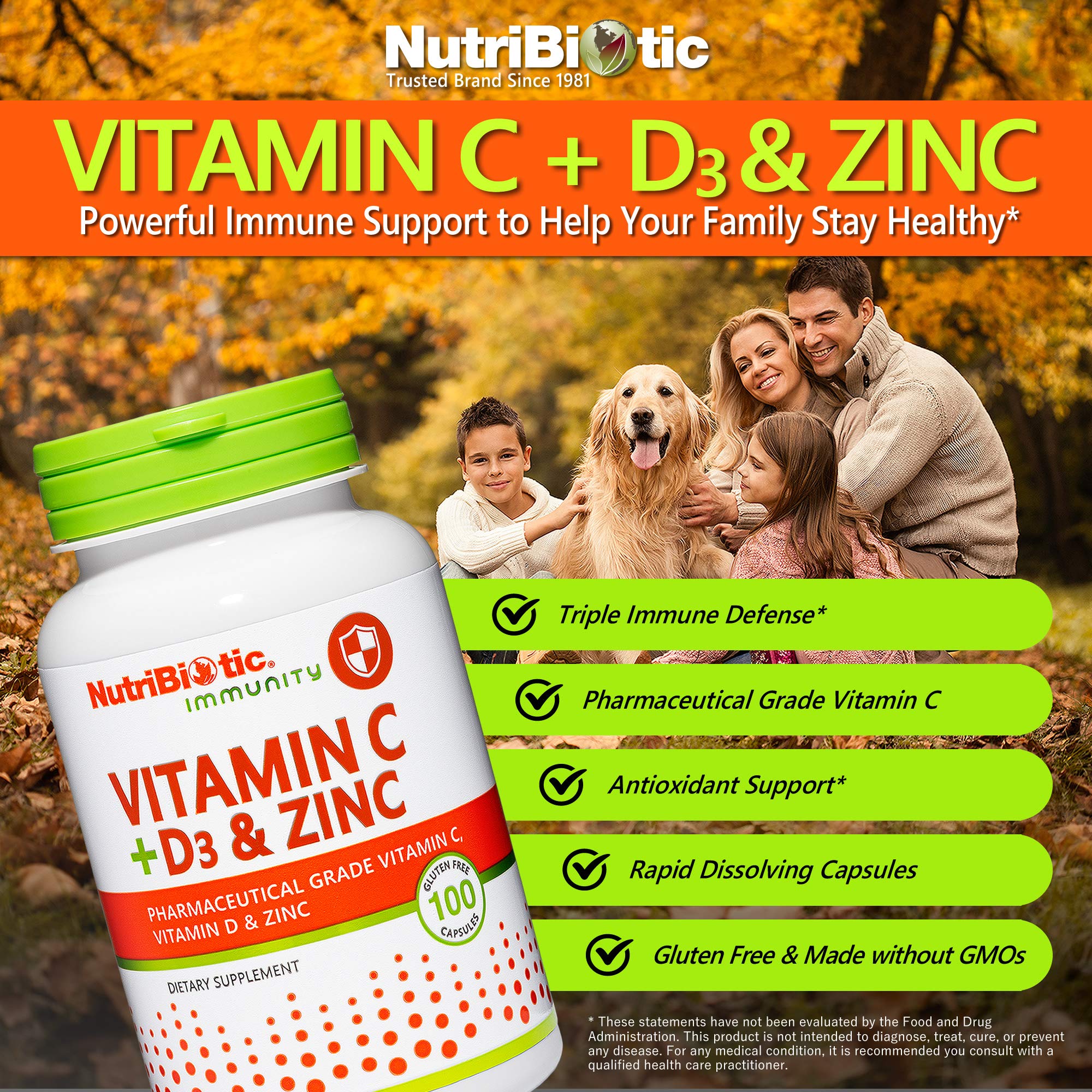 NutriBiotic – Vitamin C + Vitamin D3 & Zinc, 100 Capsules | Potent, Comprehensive Immune Support | Essential & Antioxidant Daily Supplement | Gluten & GMO Free