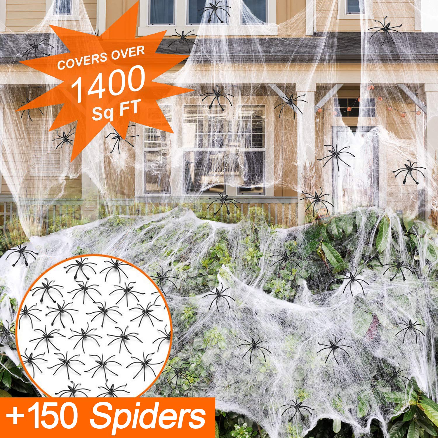 1400 sqft Halloween Spider Webs Decorations with 150 Extra Fake Spiders, Super Stretchy Cobwebs for Halloween decor Indoor and Outdoor