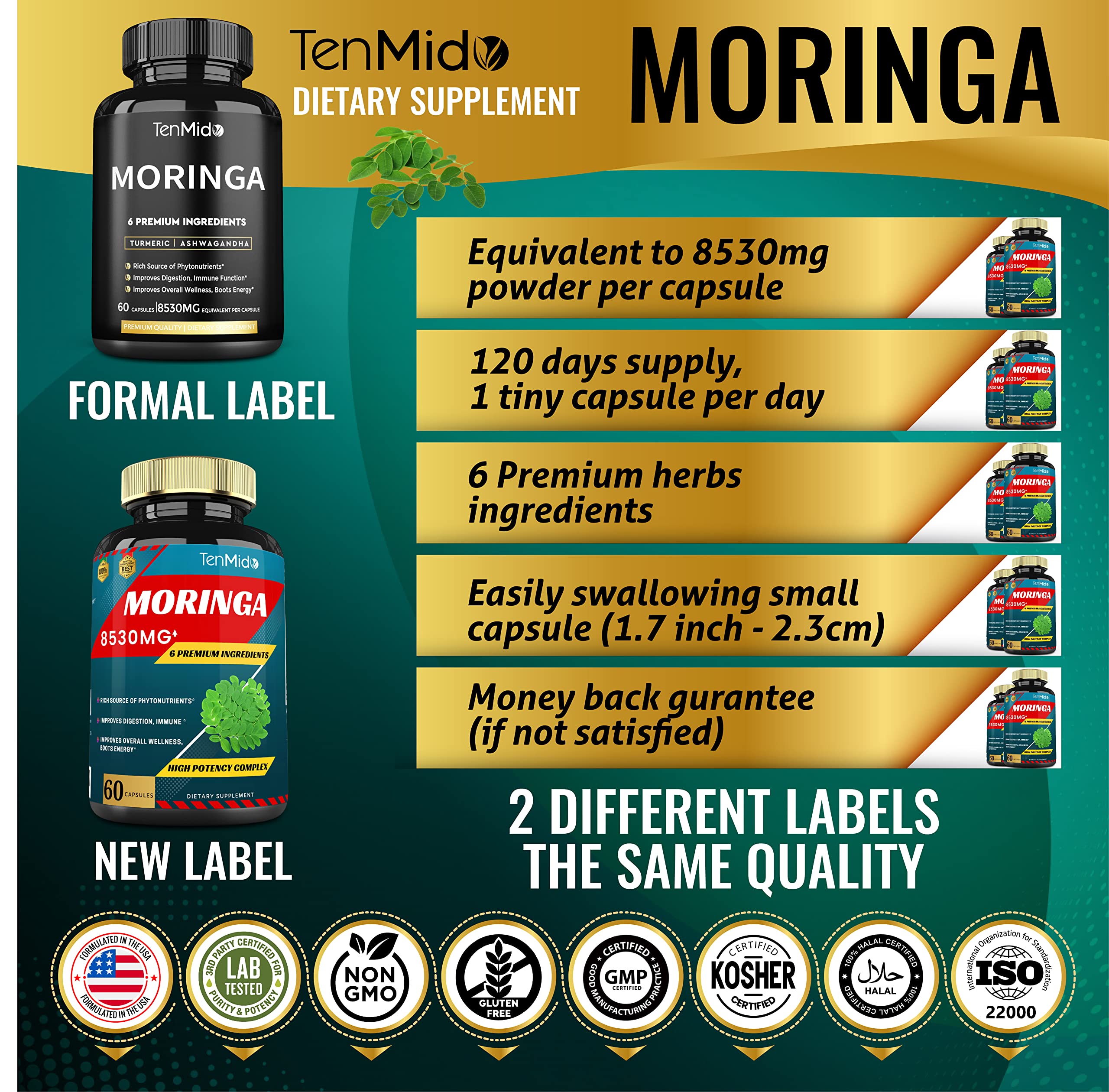 2 Packs Moringa Capsules 8530mg, 4 Months Supply with Turmeric, Ashwagandha, Ginger, Licorice, Black Pepper | Immune Support, Energy Booster | Oleifera Leaf Herb Supplements