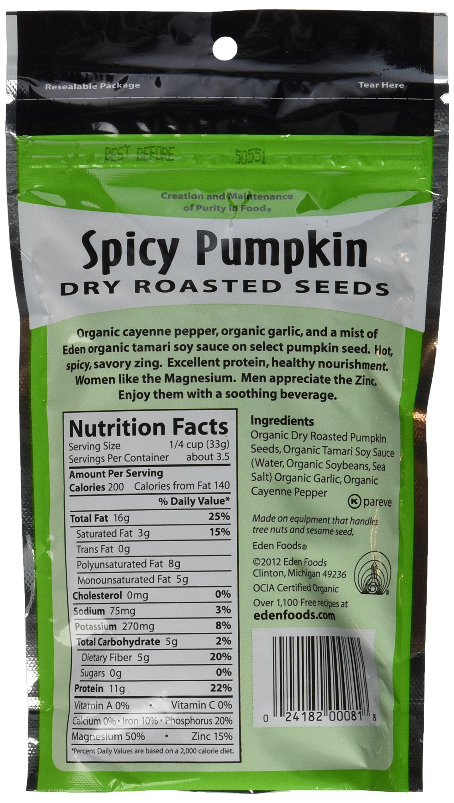 Eden Organic Dry Roasted Seeds, Spicy Pumpkin, 4-Ounce Resealable Bags (Pack of 15)