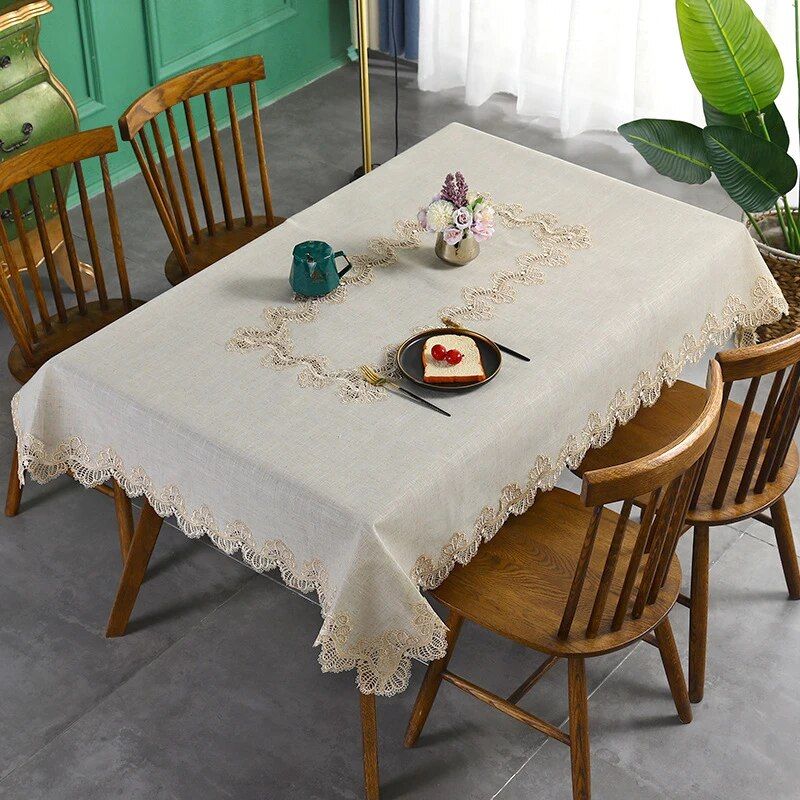 Elegant Beige Embroidered Lace Tablecloth