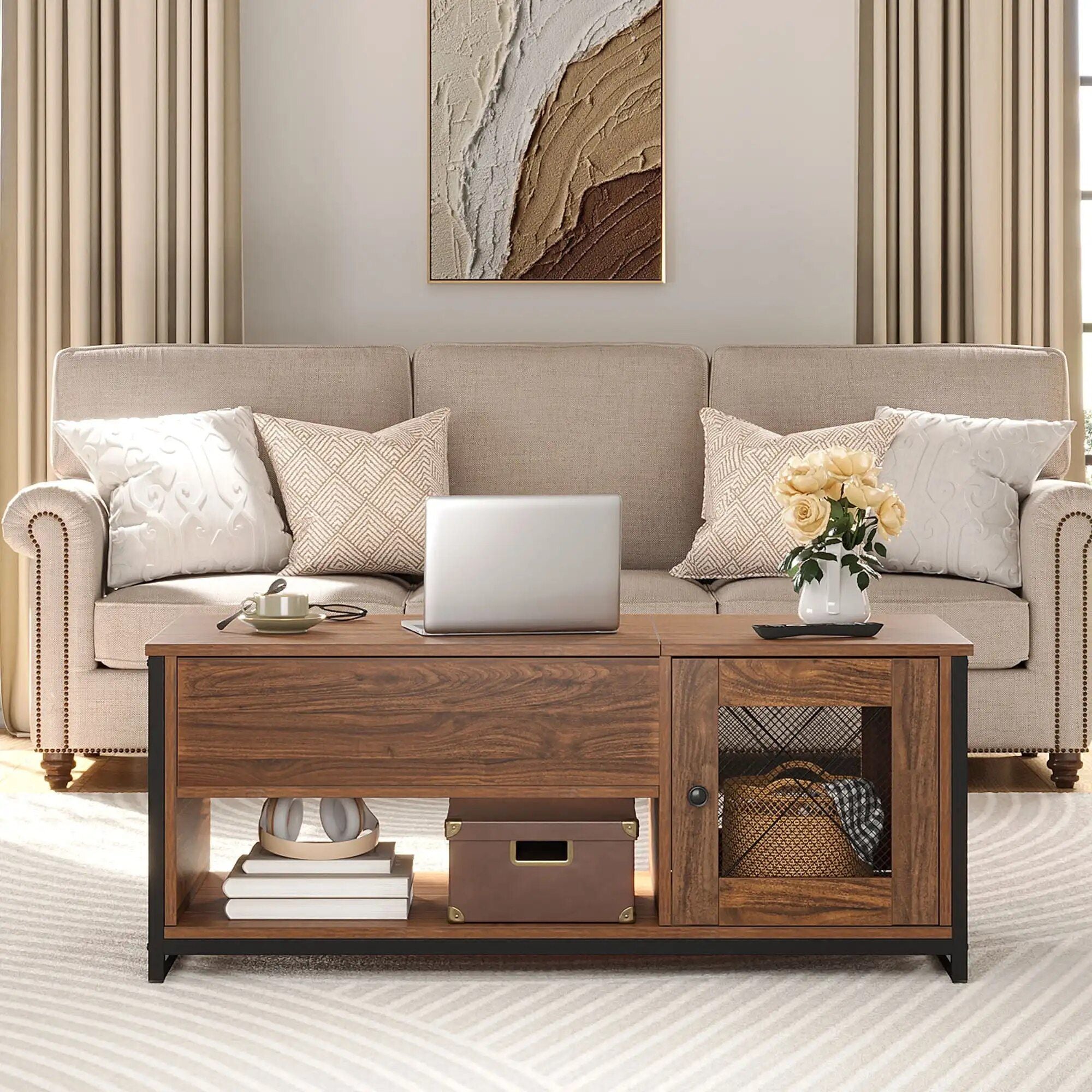 Modern Morocco Lift-Top Coffee Table with Hidden Storage, Brown