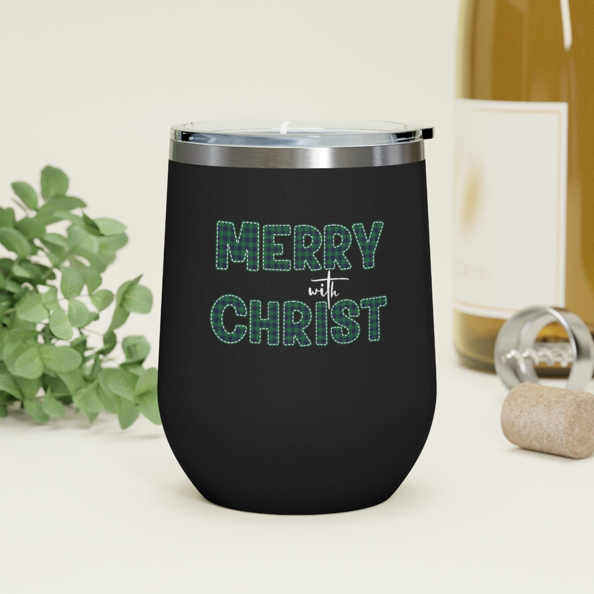 Insulatated Tumbler - 12oz, Merry With Christ, Green Plaid Christmas
