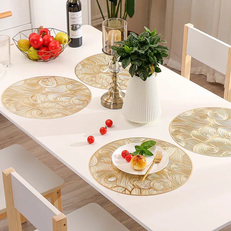 Modern Round PVC Placemat - Gold-Accented, Waterproof & Non-Slip