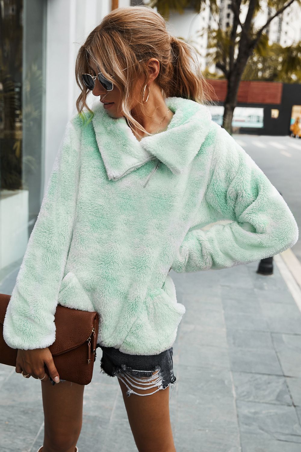 Tie-Dye Collared Teddy Sweatshirt with Pockets