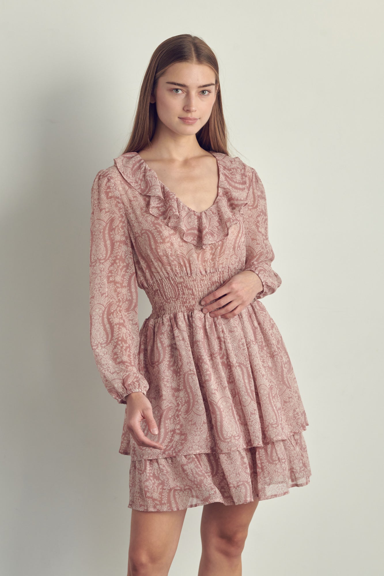 Ruffled neckline smock waisted long sleeve dress