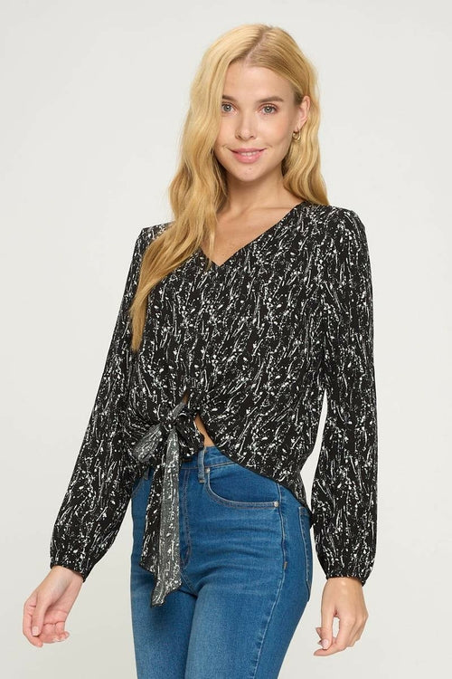 V Neck Long Sleeve Tie Front Pop Over Blouse Top