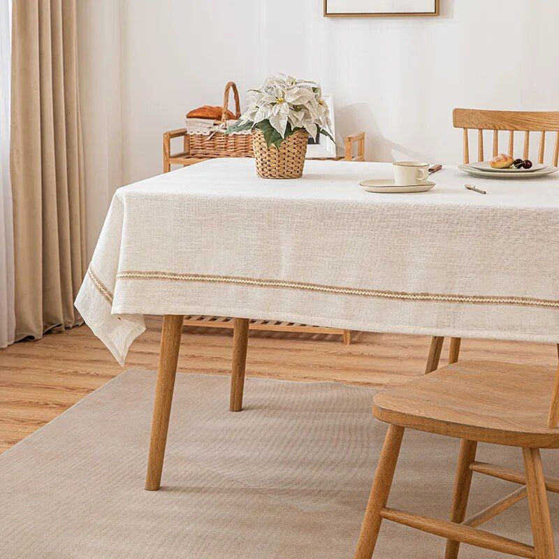 Luxury White Cotton Linen Tablecloth with Tassel Edges