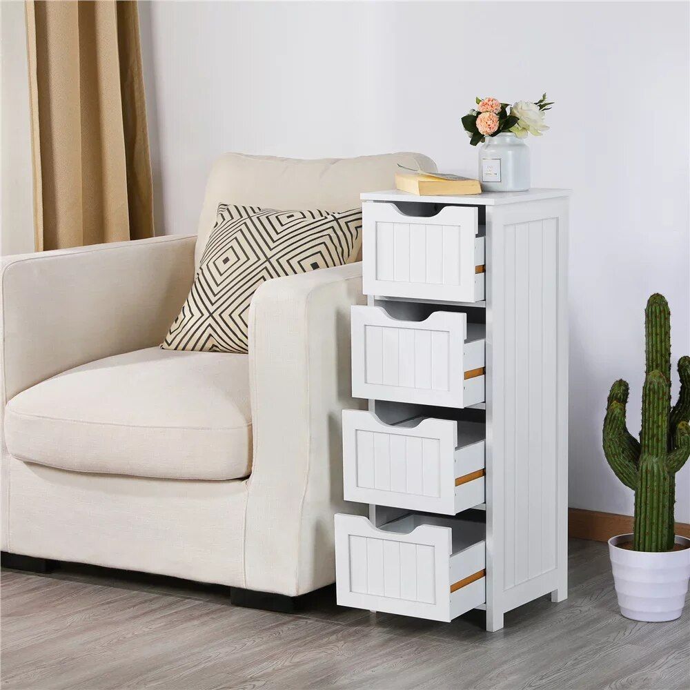 Elegant White Wooden Bathroom Cabinet with 4 Drawers