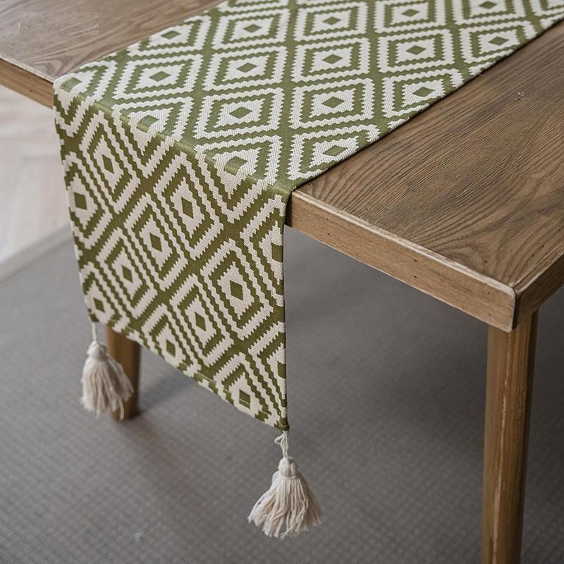 Elegant Nordic Jacquard Table Runner with Geometric Tassel Design