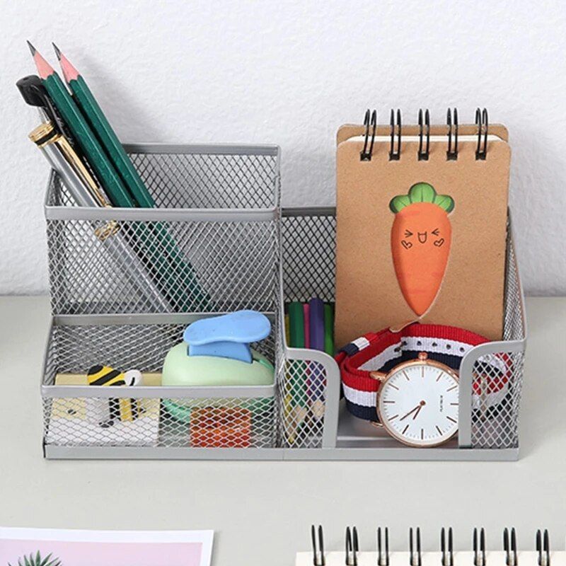 Stylish 3-Compartment Metal Pen Holder & Desk Organizer